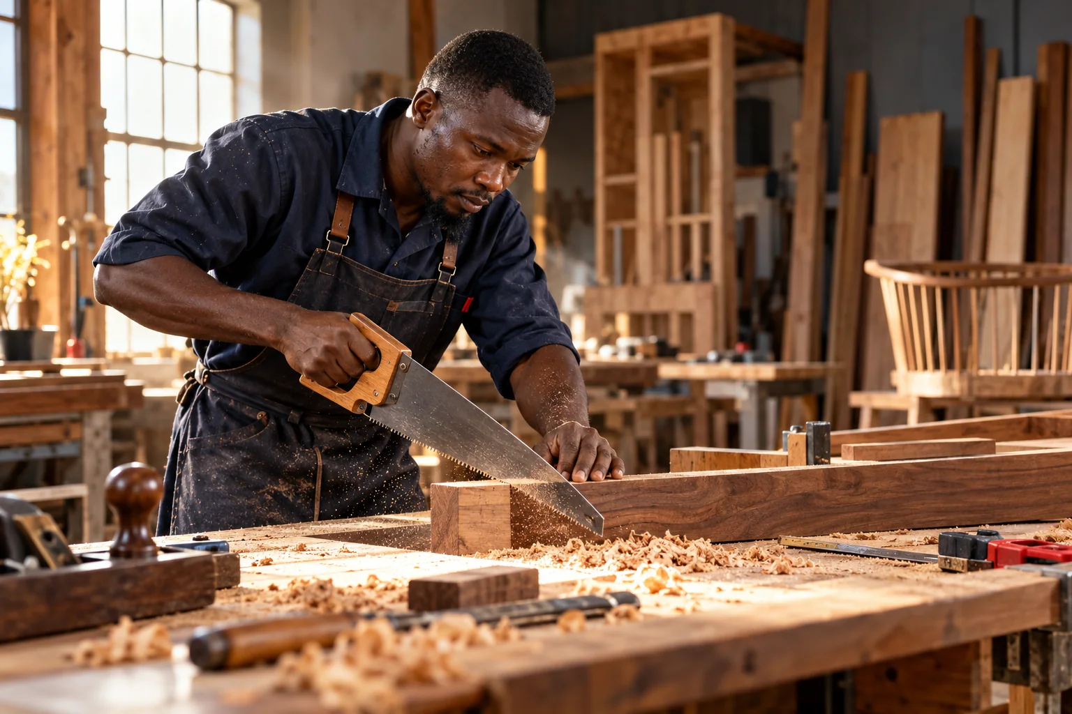 Menuisier travaillant avec précision dans son atelier